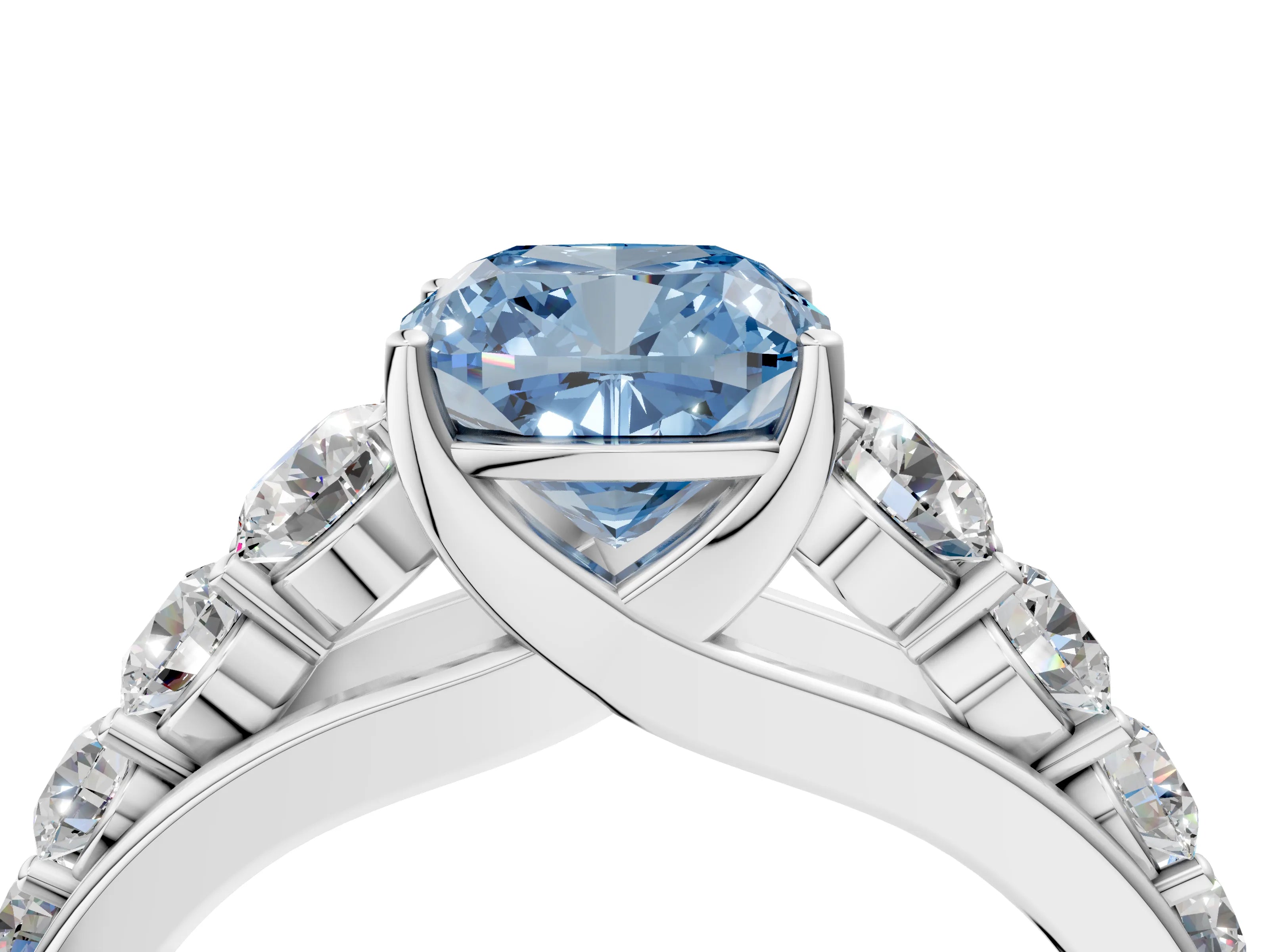 White gold Fancy Blue Cushion Cut Brilliant Diamond Pavé Band with Six-Prong Setting_4