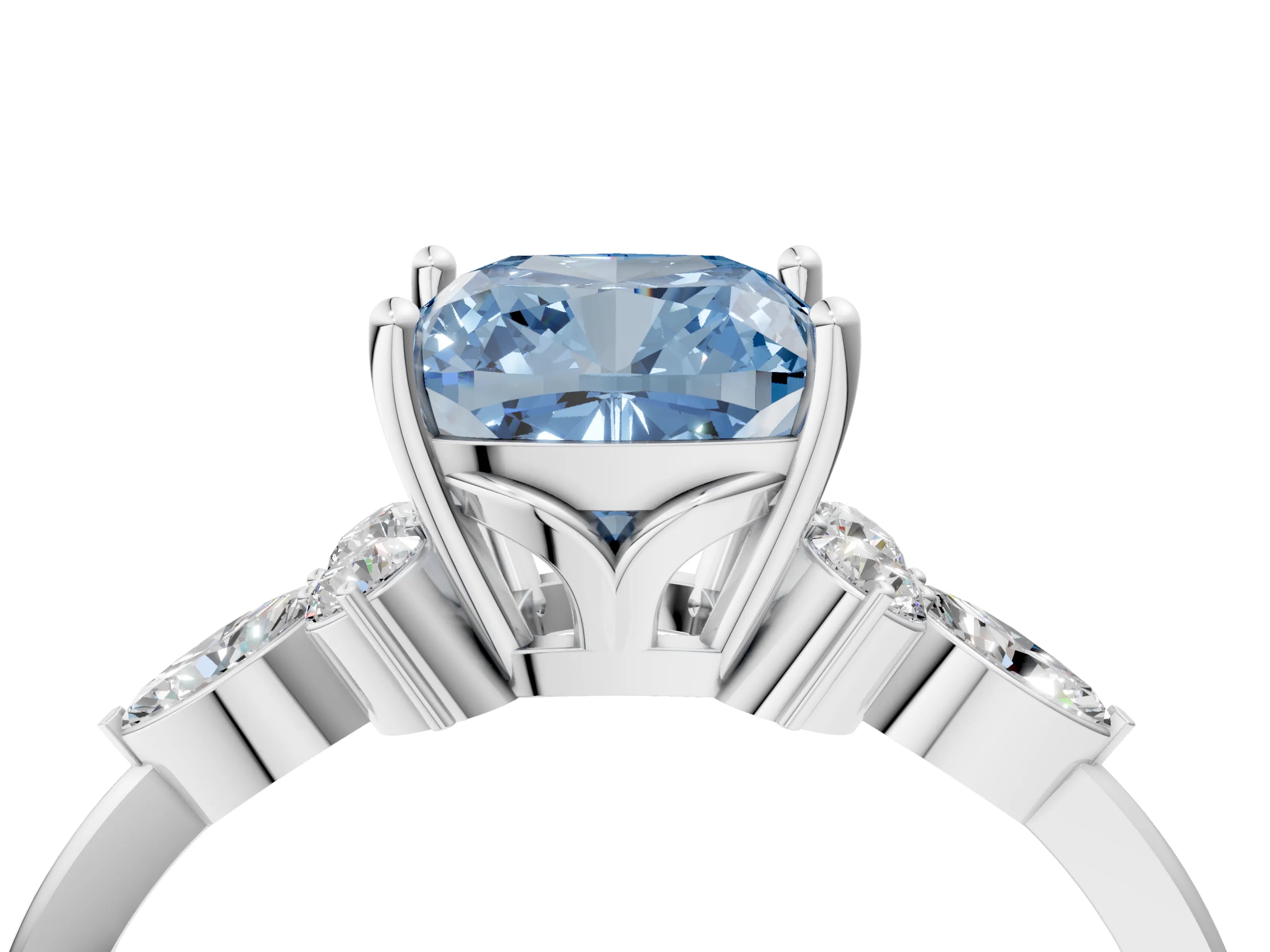 White gold Fancy Blue Cushion Cut Brilliant Diamond Solitaire Ring with Pear Side Stones and Four-Prong Setting_10