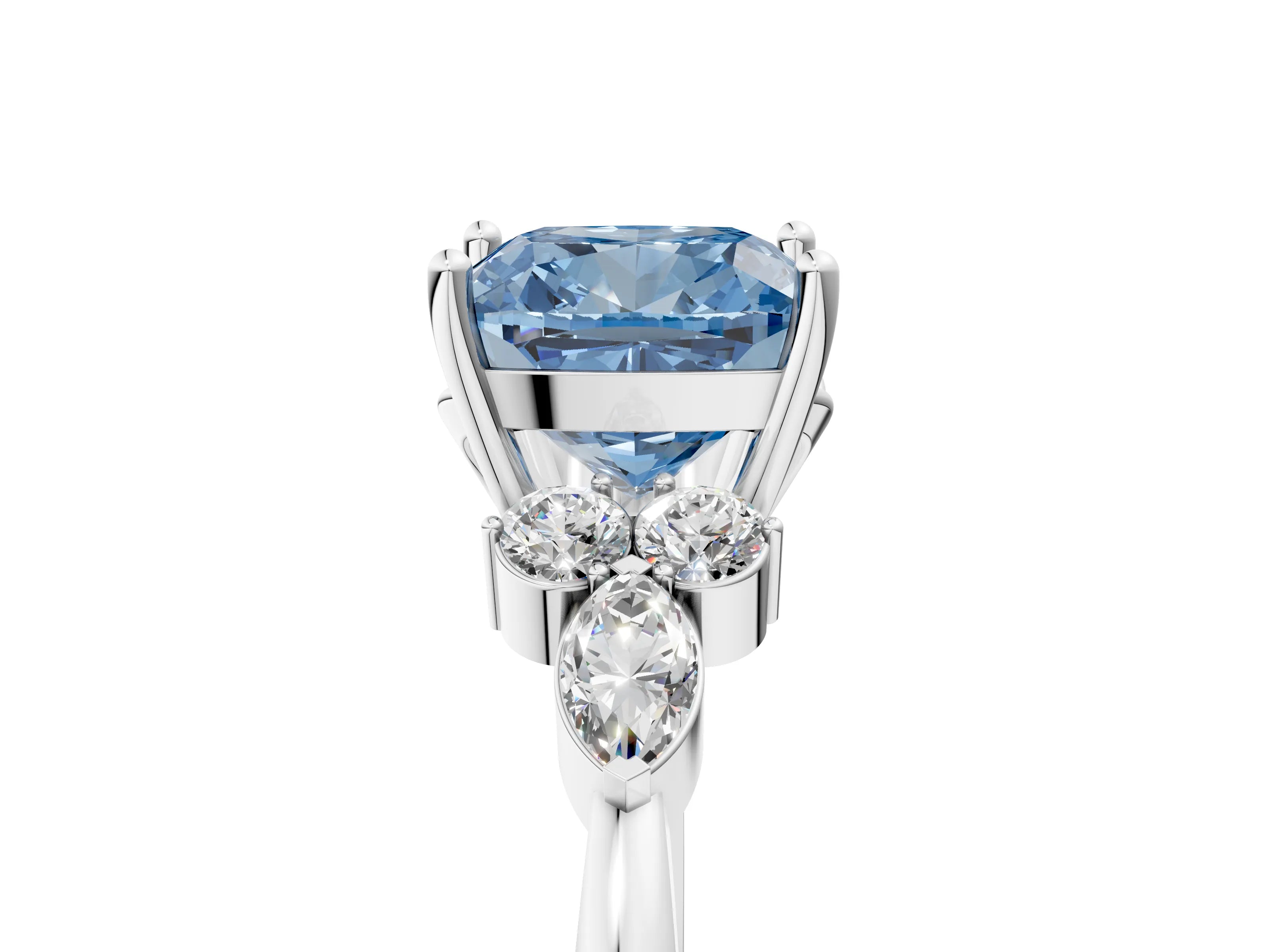 White gold Fancy Blue Cushion Cut Brilliant Diamond Solitaire Ring with Pear Side Stones and Four-Prong Setting_11