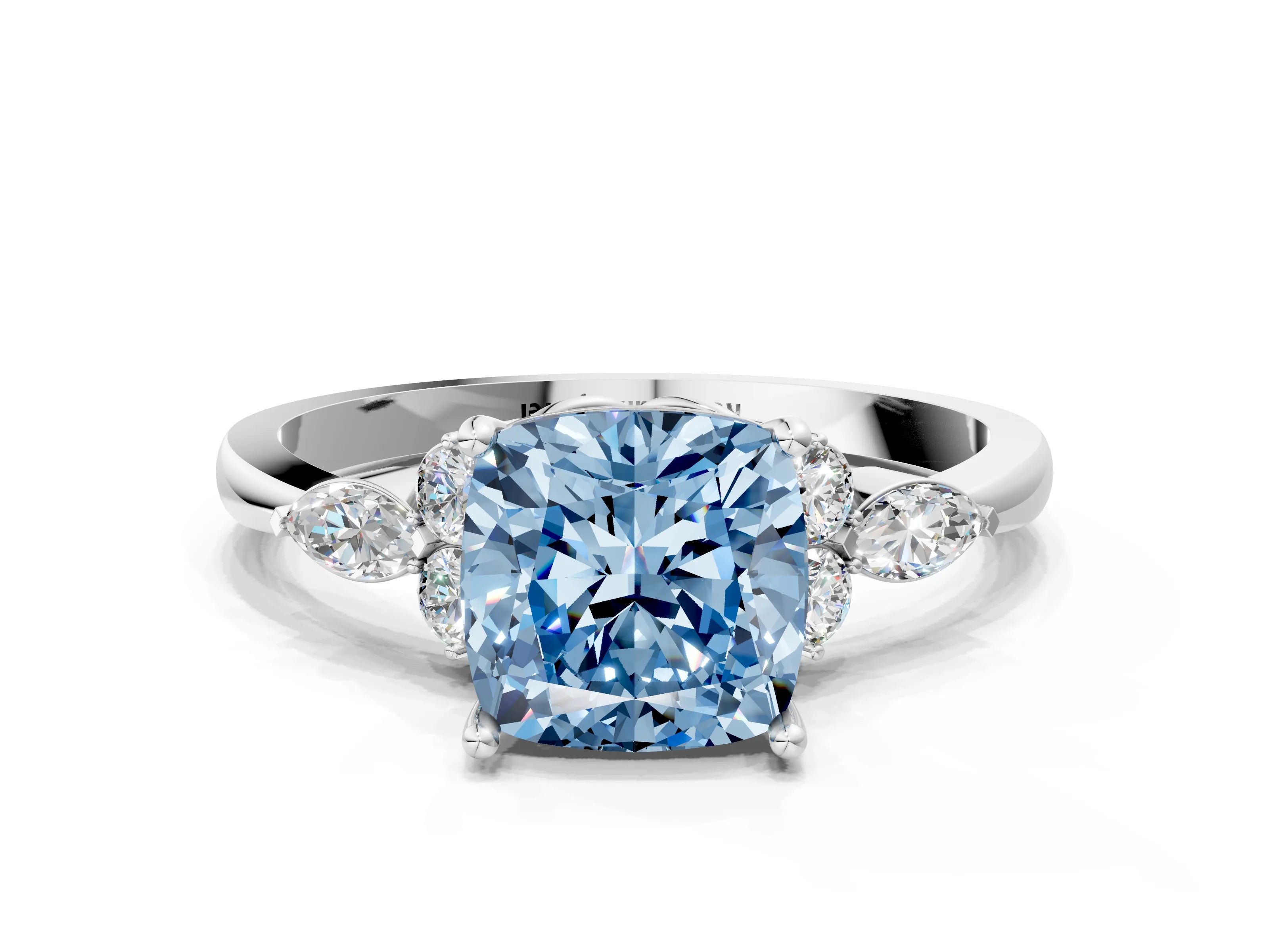 White gold Fancy Blue Cushion Cut Brilliant Diamond Solitaire Ring with Pear Side Stones and Four-Prong Setting_6