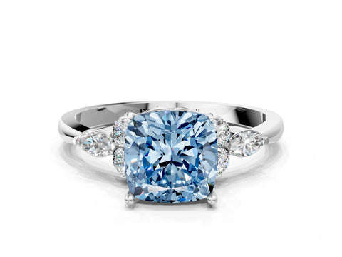 White gold Fancy Blue Cushion Cut Brilliant Diamond Solitaire Ring with Pear Side Stones and Four-Prong Setting_6