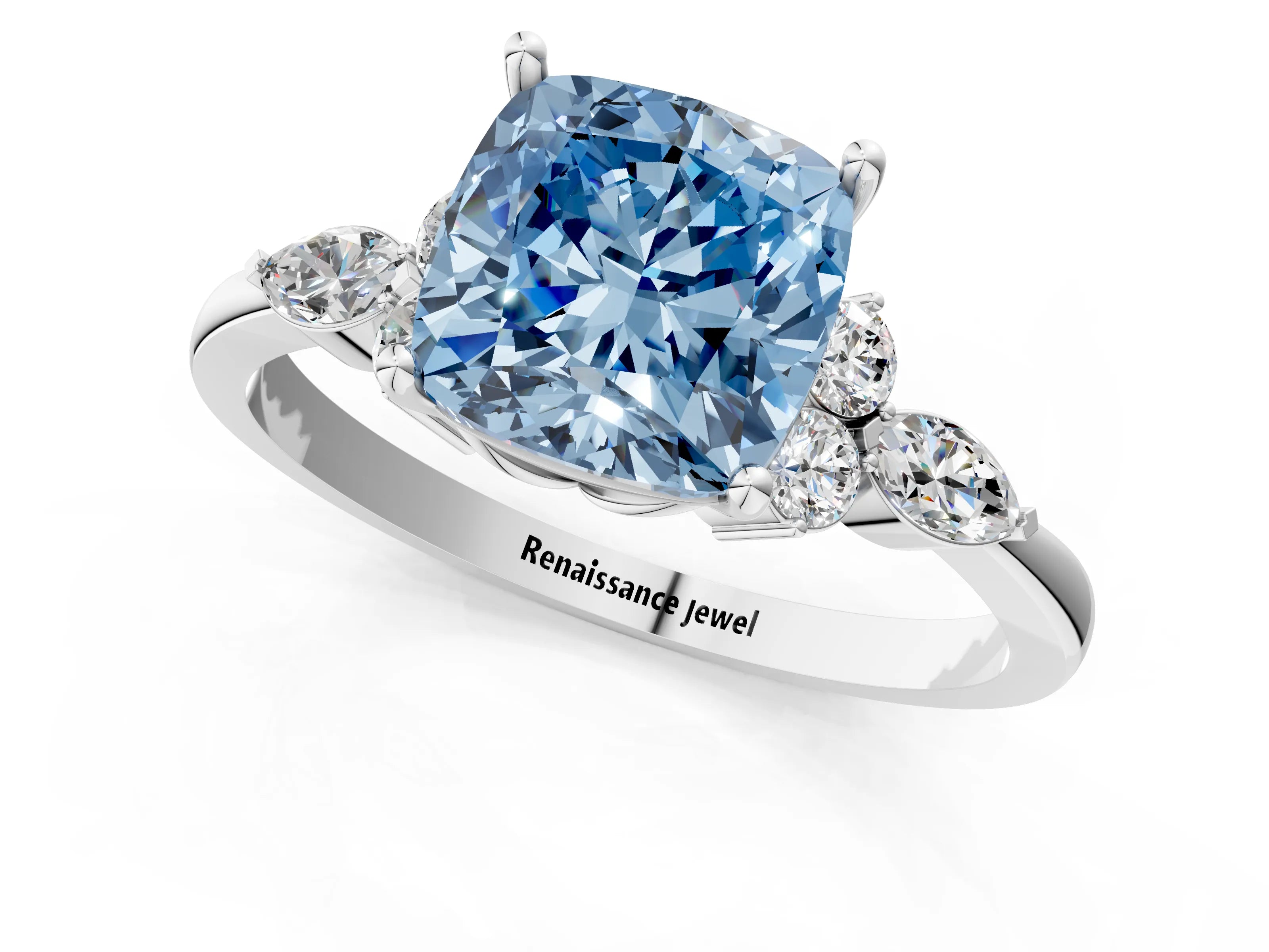 White gold Fancy Blue Cushion Cut Brilliant Diamond Solitaire Ring with Pear Side Stones and Four-Prong Setting_7