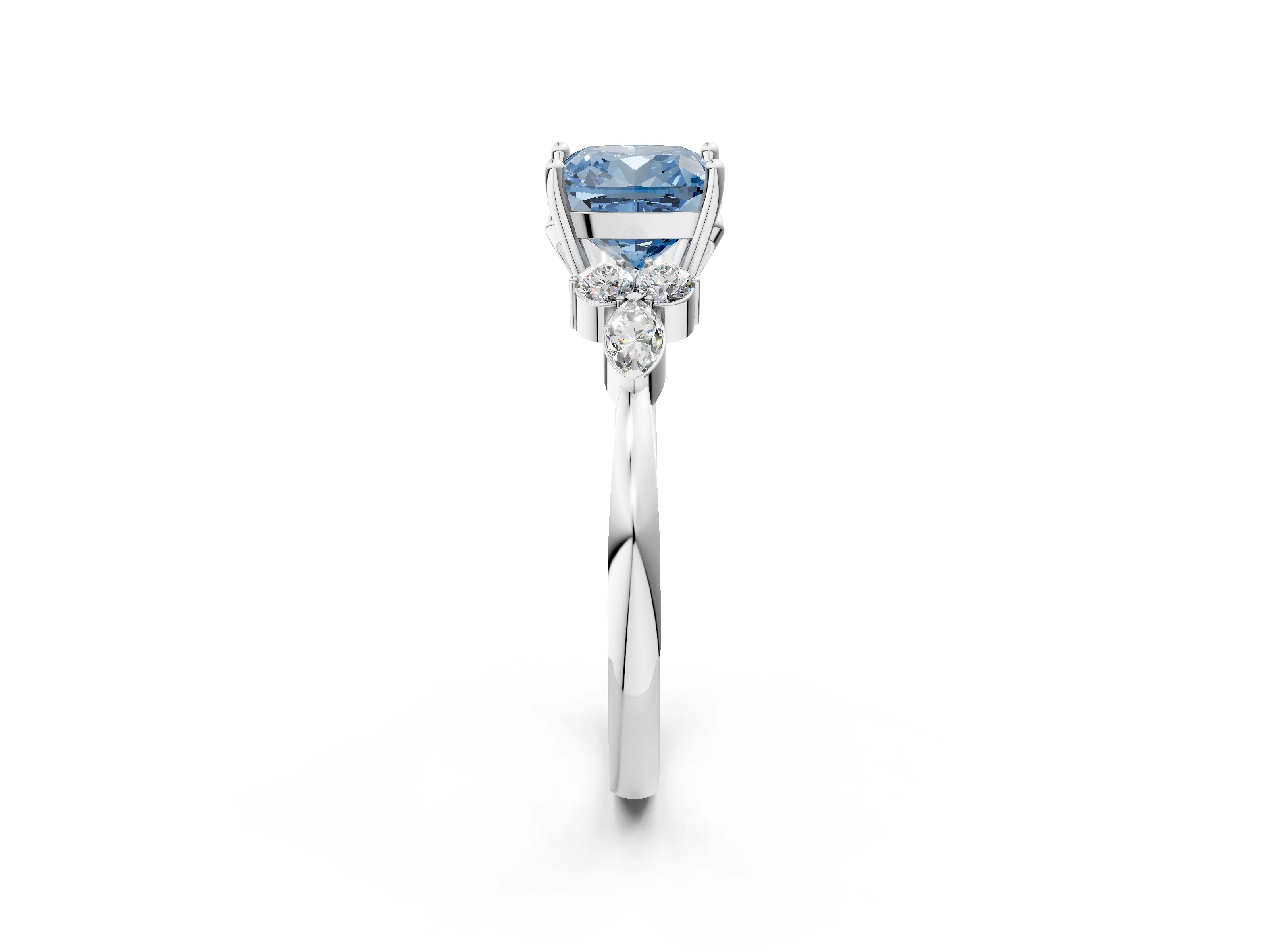 White gold Fancy Blue Cushion Cut Brilliant Diamond Solitaire Ring with Pear Side Stones and Four-Prong Setting_8