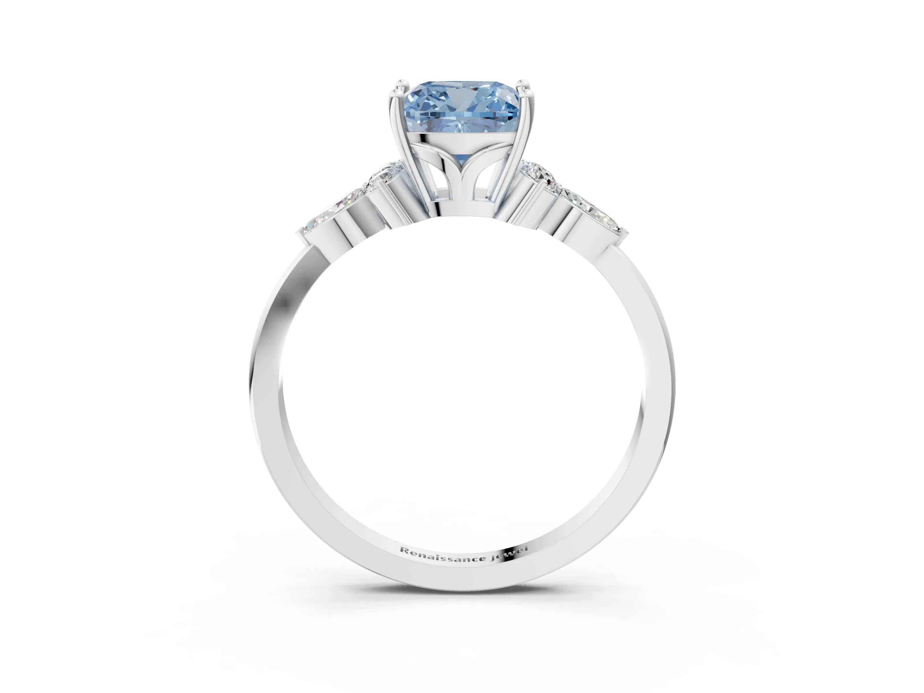 White gold Fancy Blue Cushion Cut Brilliant Diamond Solitaire Ring with Pear Side Stones and Four-Prong Setting_9