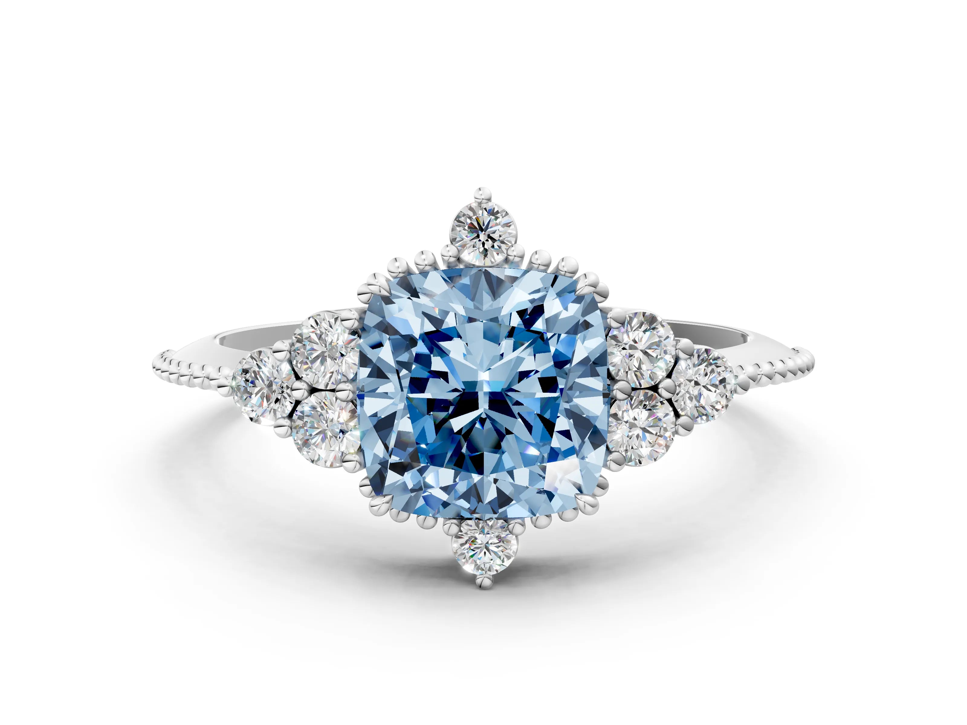 White gold Fancy Blue Cushion Cut Brilliant Diamond with Cluster Setting on a Beaded Band and Four-Prong Setting_11