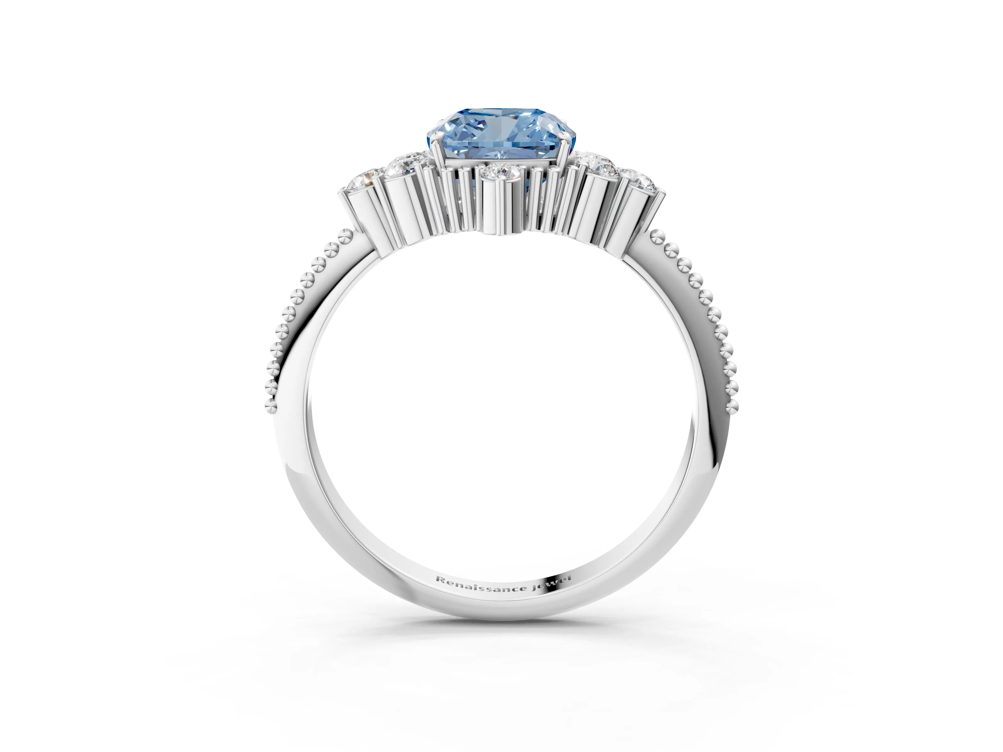 White gold Fancy Blue Cushion Cut Brilliant Diamond with Cluster Setting on a Beaded Band and Four-Prong Setting_15