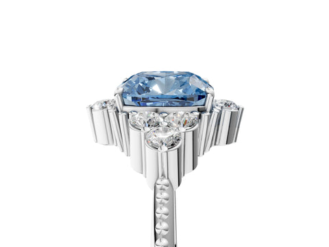 White gold Fancy Blue Cushion Cut Brilliant Diamond with Cluster Setting on a Beaded Band and Four-Prong Setting_17