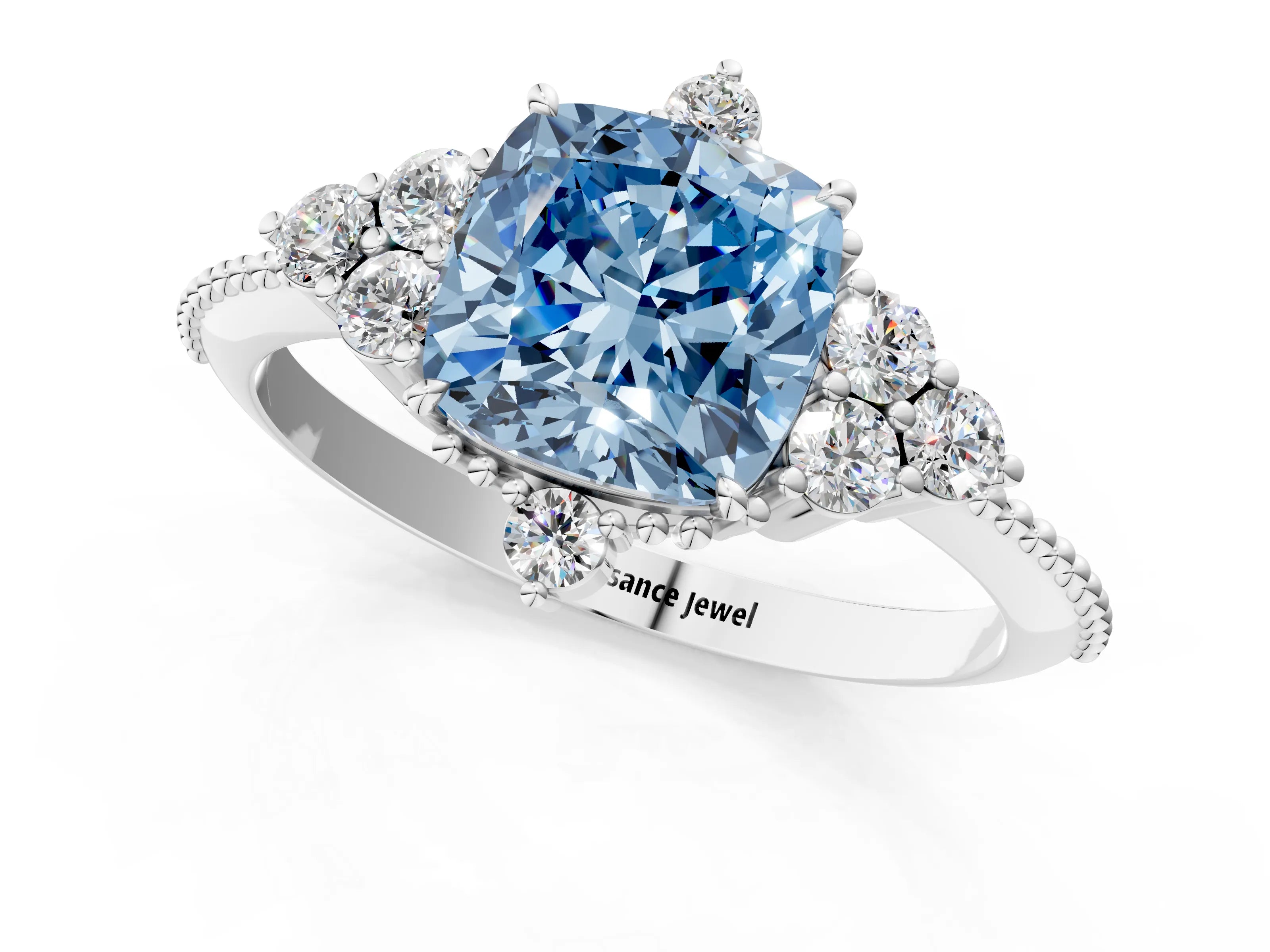 White gold Fancy Blue Cushion Cut Brilliant Diamond with Cluster Setting on a Beaded Band and Four-Prong Setting_1