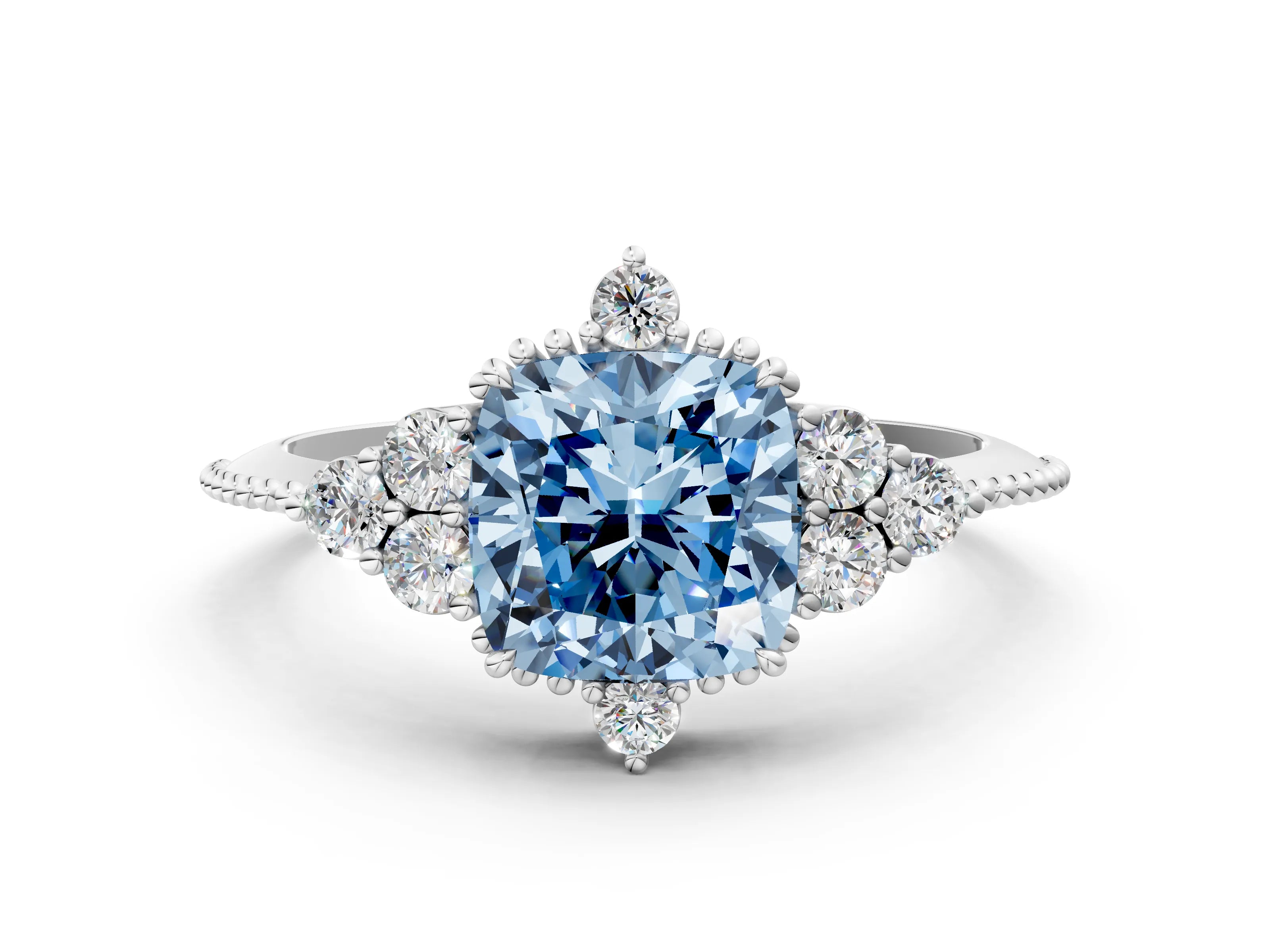 White gold Fancy Blue Cushion Cut Brilliant Diamond with Cluster Setting on a Beaded Band and Four-Prong Setting_24