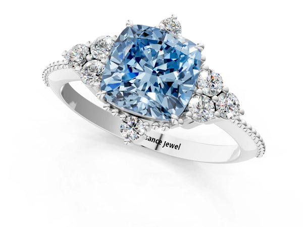 Platinum Fancy Blue Cushion Cut Brilliant Diamond with Cluster Setting on a Beaded Band and Four-Prong Setting