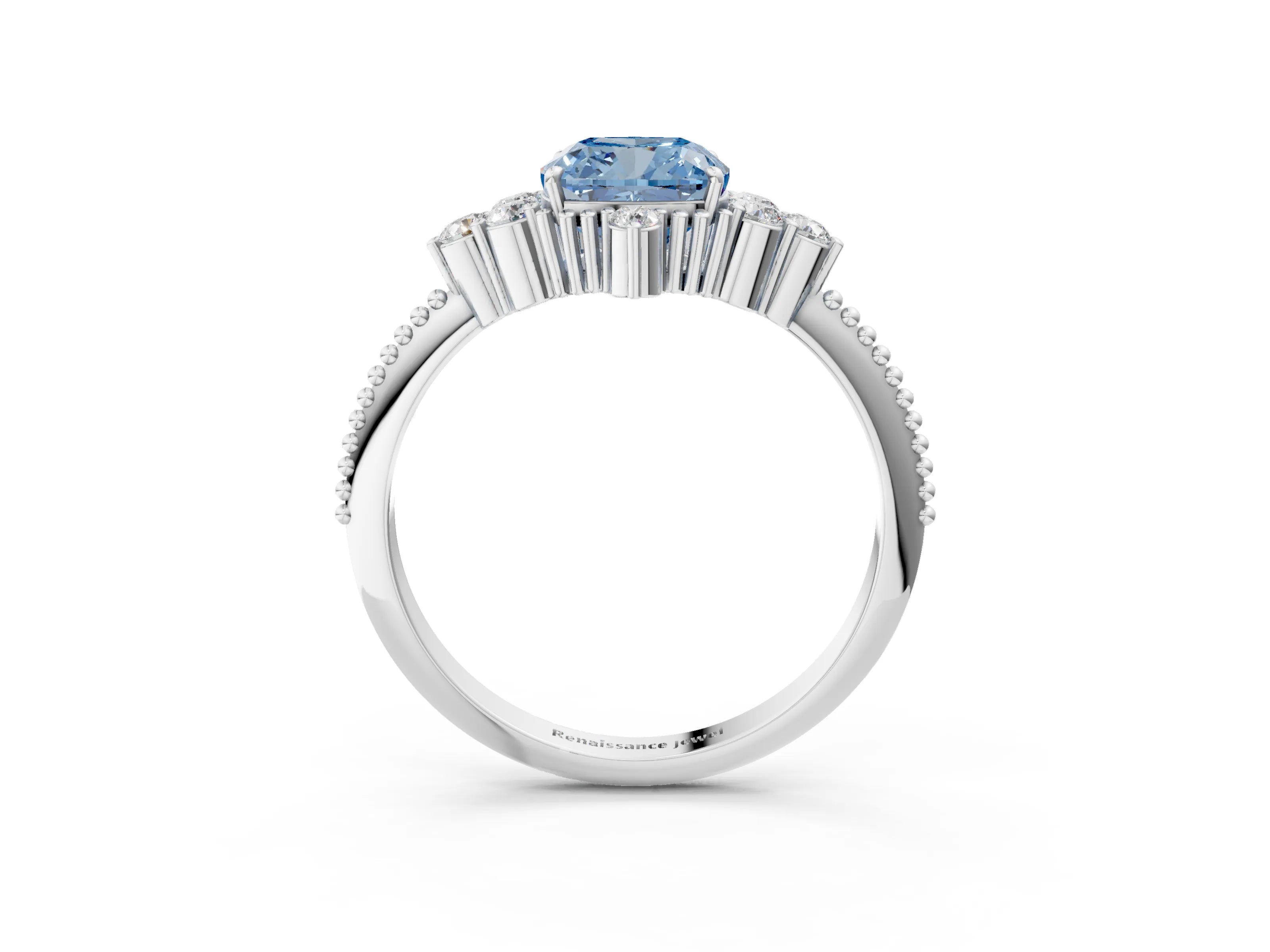 White gold Fancy Blue Cushion Cut Brilliant Diamond with Cluster Setting on a Beaded Band and Four-Prong Setting_3