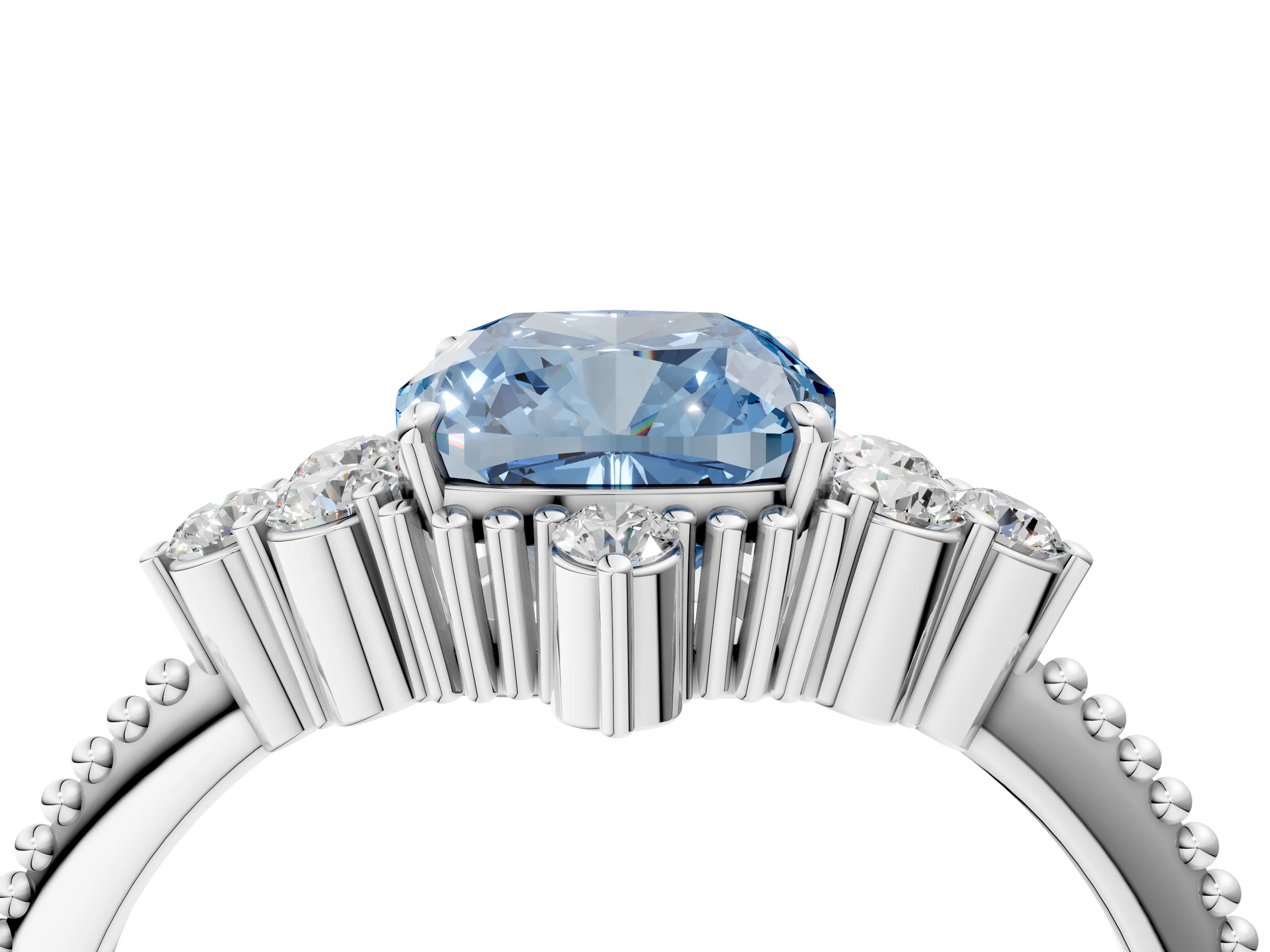 White gold Fancy Blue Cushion Cut Brilliant Diamond with Cluster Setting on a Beaded Band and Four-Prong Setting_40