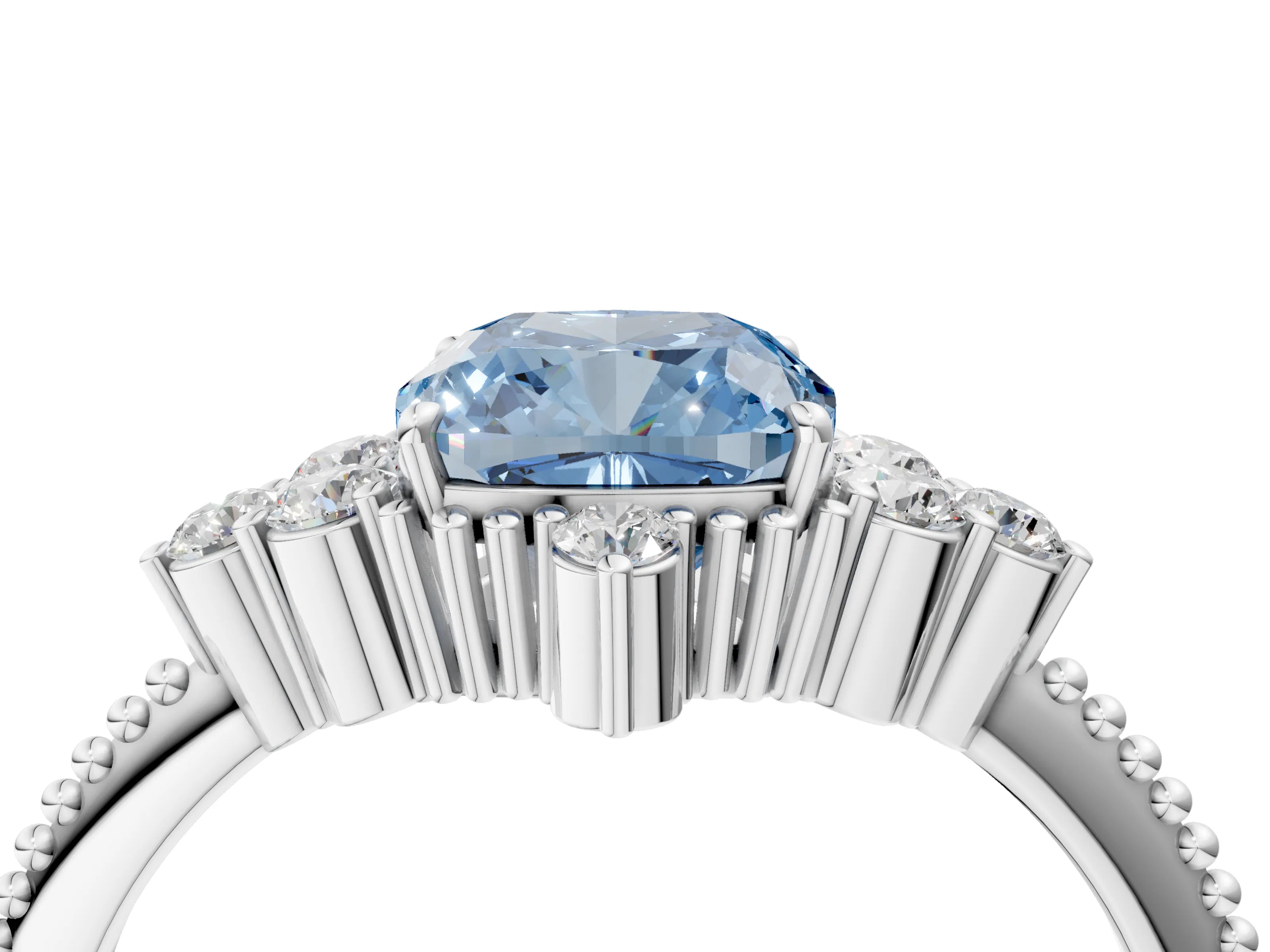 White gold Fancy Blue Cushion Cut Brilliant Diamond with Cluster Setting on a Beaded Band and Four-Prong Setting_4