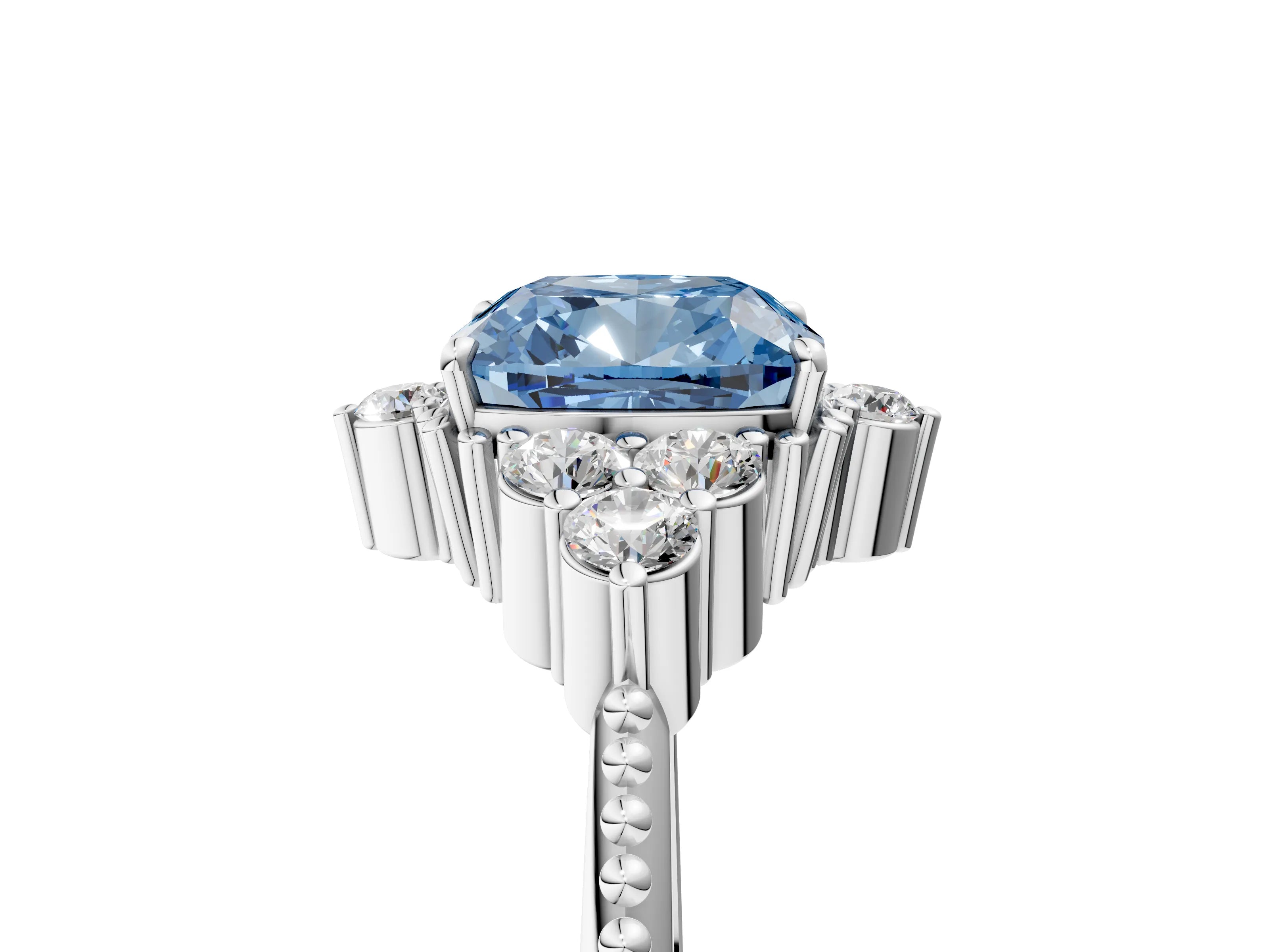White gold Fancy Blue Cushion Cut Brilliant Diamond with Cluster Setting on a Beaded Band and Four-Prong Setting_5