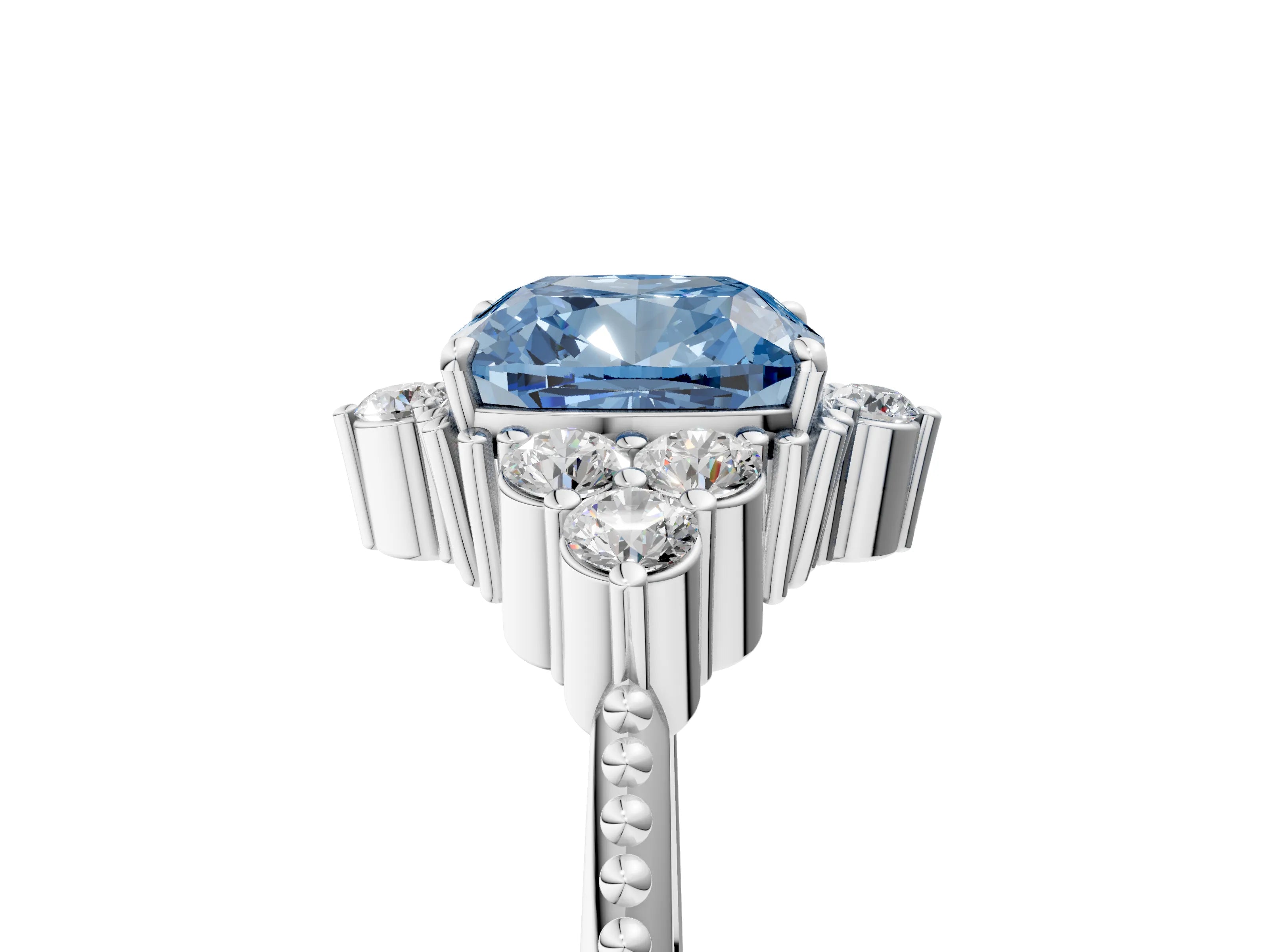 White gold Fancy Blue Cushion Cut Brilliant Diamond with Cluster Setting on a Beaded Band and Four-Prong Setting_53