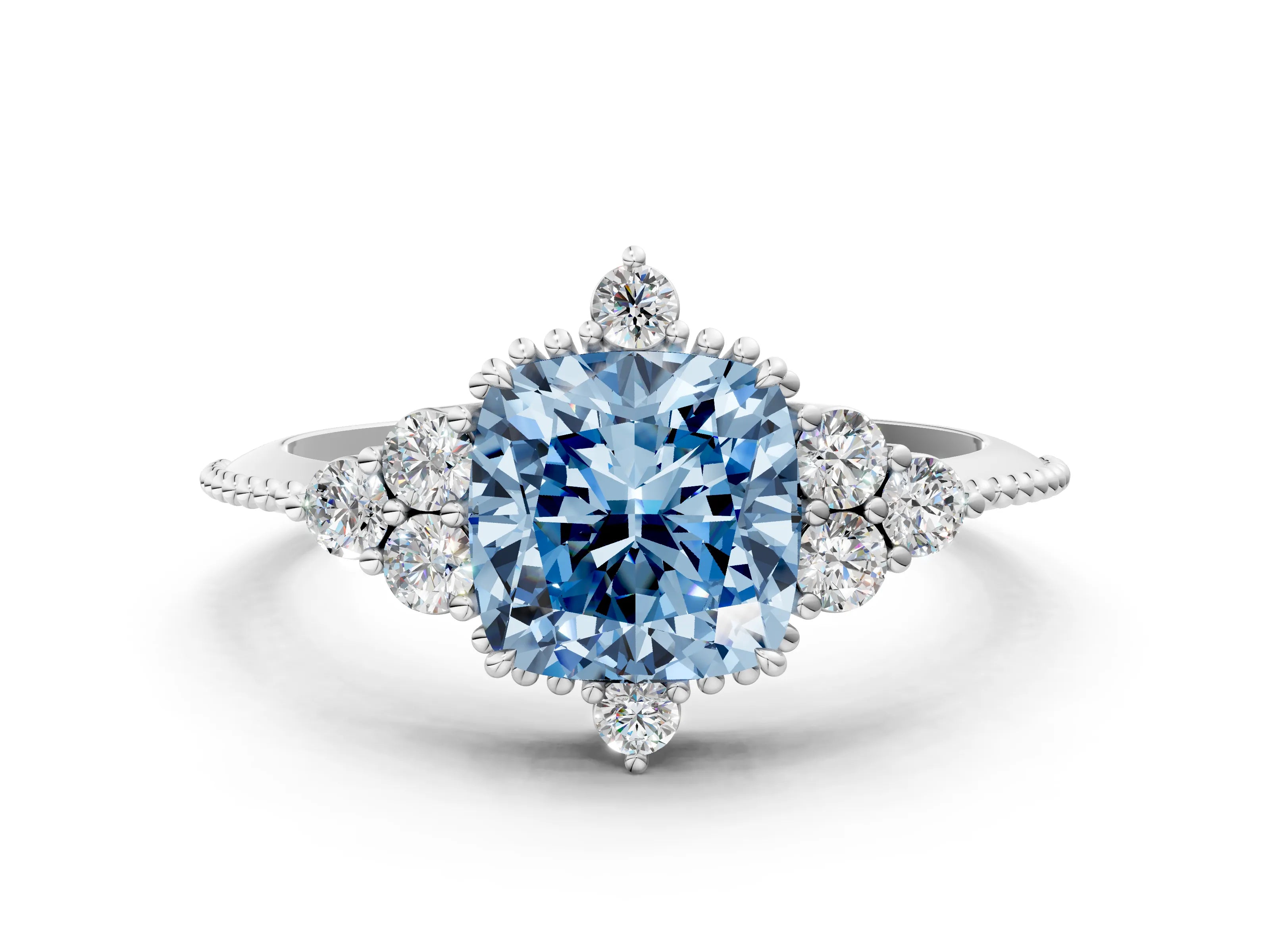 White gold Fancy Blue Cushion Cut Brilliant Diamond with Cluster Setting on a Beaded Band and Four-Prong Setting_66