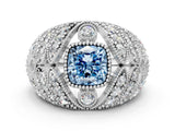 White gold Fancy Blue Cushion Cut Brilliant Halo Pave Diamond Milgrain Ring