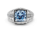 White gold Fancy Blue Cushion Cut Brilliant Milgrain Filigree Diamond Ring with Square Prong Setting