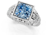 White gold Fancy Blue Cushion Cut Brilliant Milgrain Filigree Diamond Ring with Square Prong Setting_1
