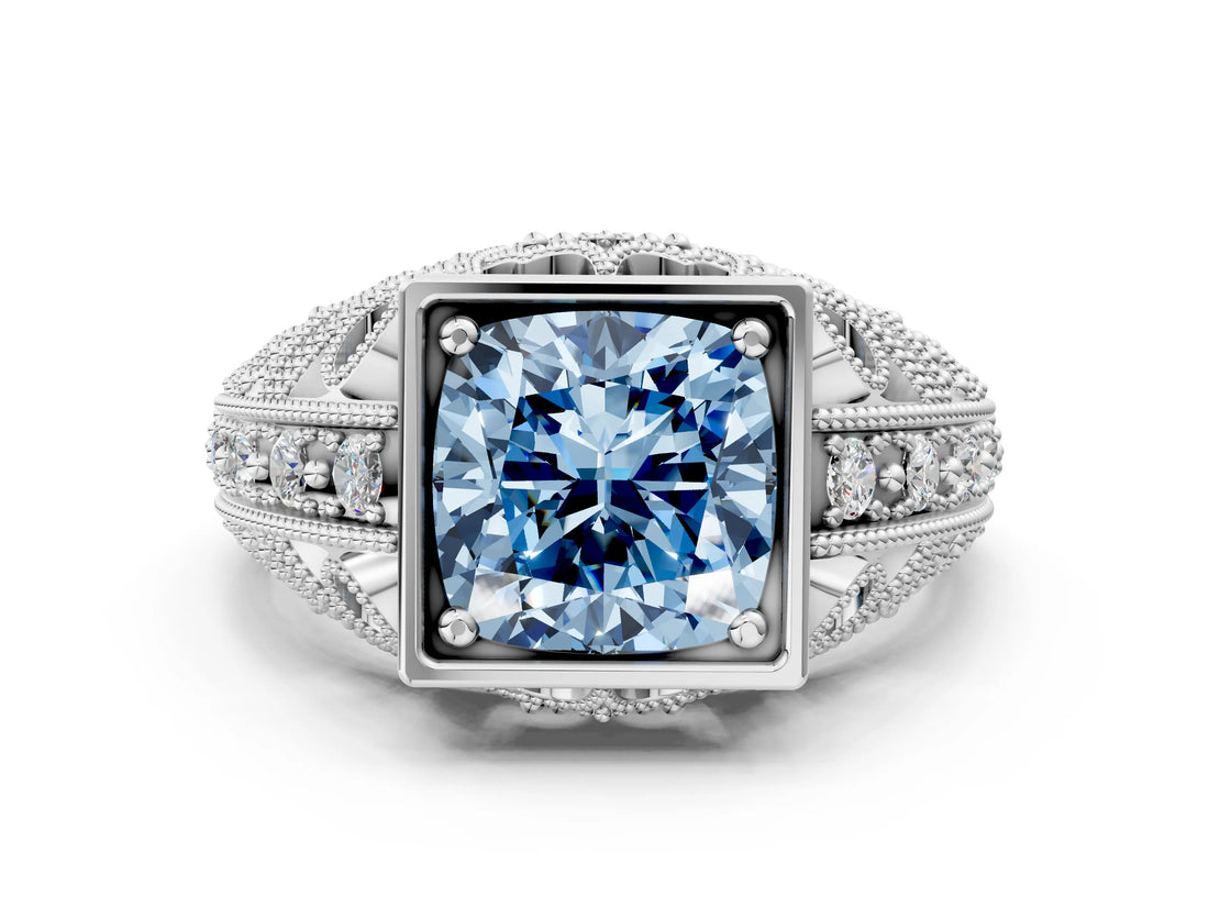 White gold Fancy Blue Cushion Cut Brilliant Milgrain Filigree Diamond Ring with Square Prong Setting
