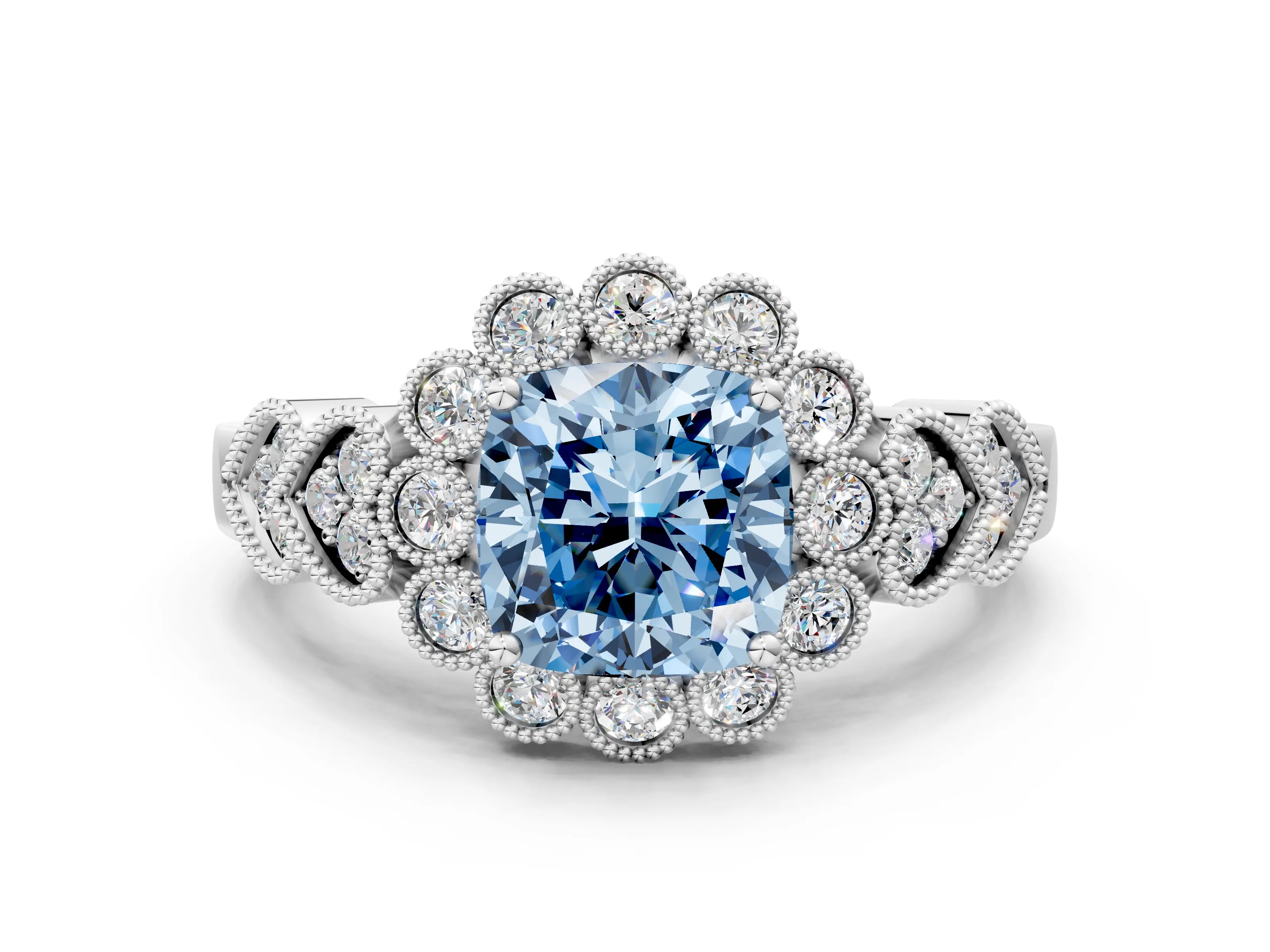 White gold Fancy Blue Cushion Cut Brilliant Milgrain Pave Heart Band Solitaire Ring_12