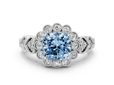 White gold Fancy Blue Cushion Cut Brilliant Milgrain Pave Heart Band Solitaire Ring_12