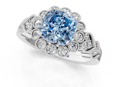 White gold Fancy Blue Cushion Cut Brilliant Milgrain Pave Heart Band Solitaire Ring_13