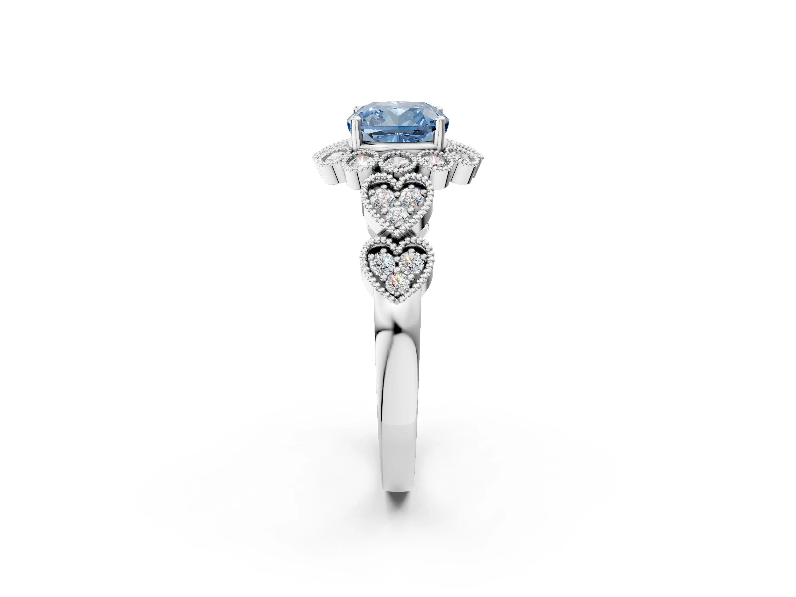 White gold Fancy Blue Cushion Cut Brilliant Milgrain Pave Heart Band Solitaire Ring_14