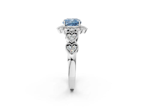 White gold Fancy Blue Cushion Cut Brilliant Milgrain Pave Heart Band Solitaire Ring_14