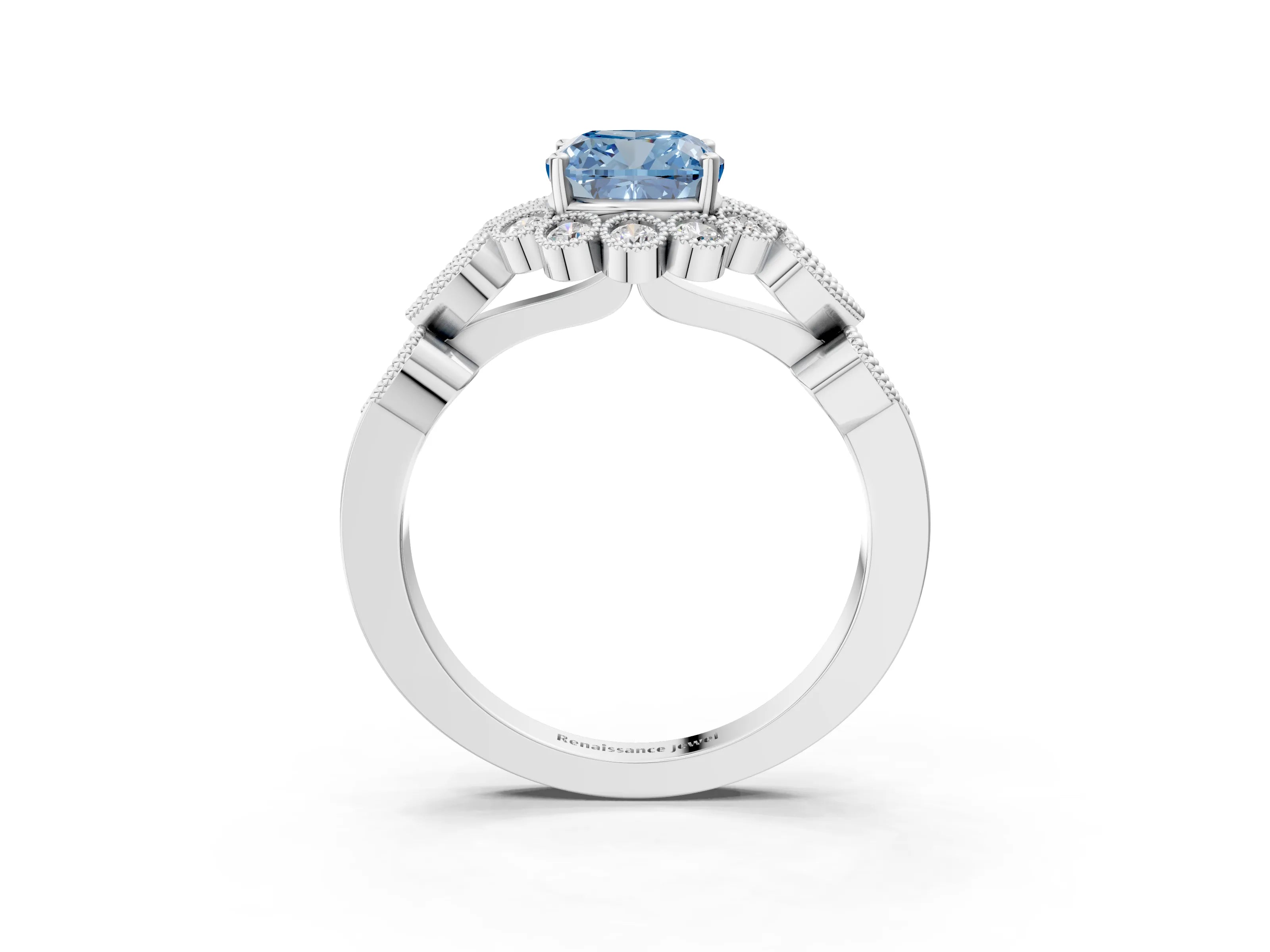 White gold Fancy Blue Cushion Cut Brilliant Milgrain Pave Heart Band Solitaire Ring_15