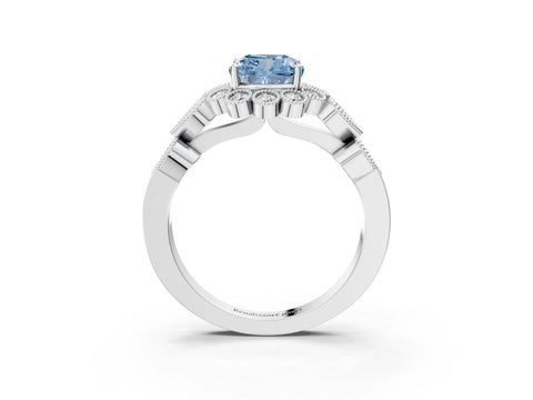 White gold Fancy Blue Cushion Cut Brilliant Milgrain Pave Heart Band Solitaire Ring_15