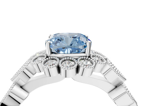 White gold Fancy Blue Cushion Cut Brilliant Milgrain Pave Heart Band Solitaire Ring_16