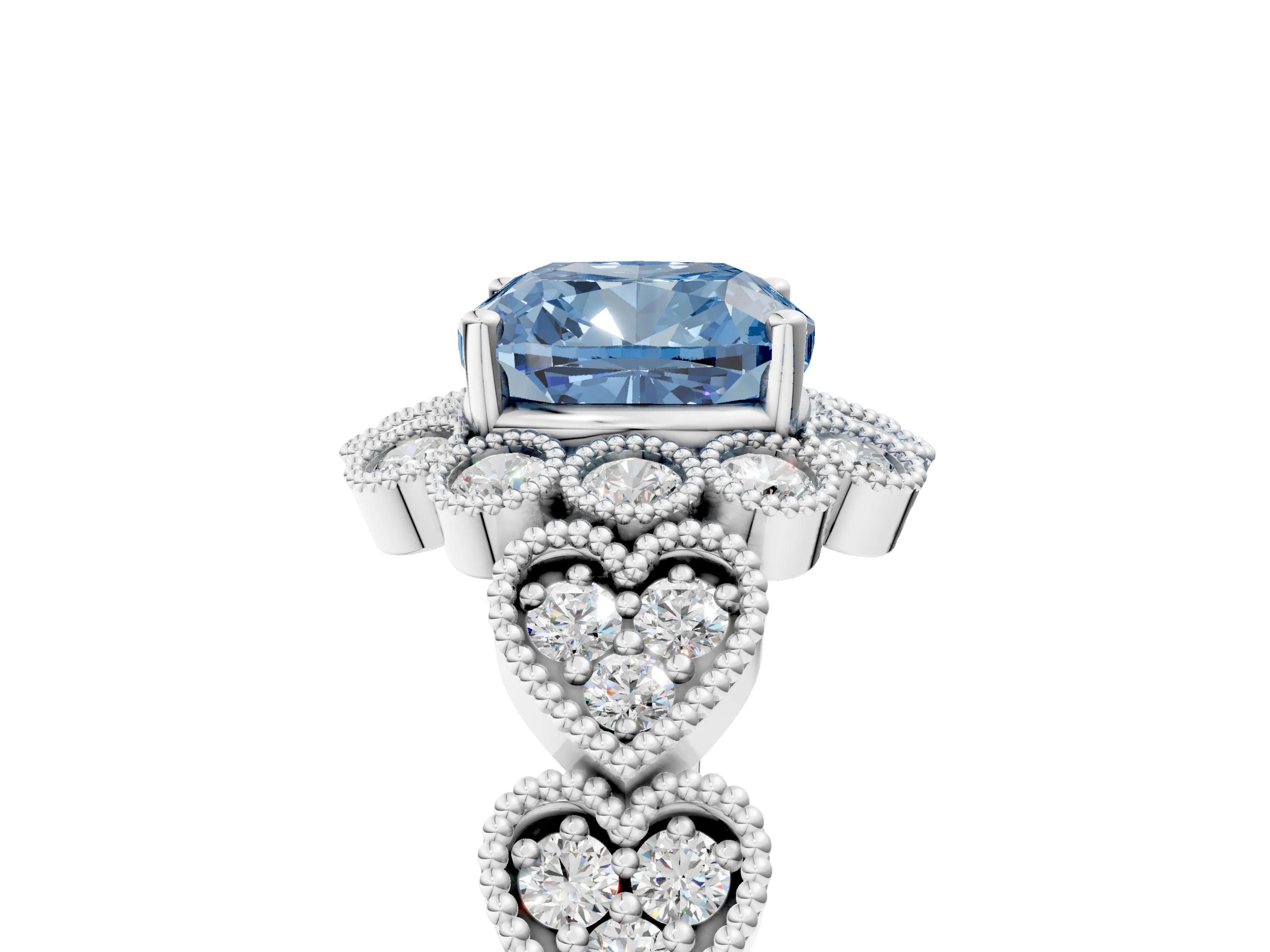 White gold Fancy Blue Cushion Cut Brilliant Milgrain Pave Heart Band Solitaire Ring_17