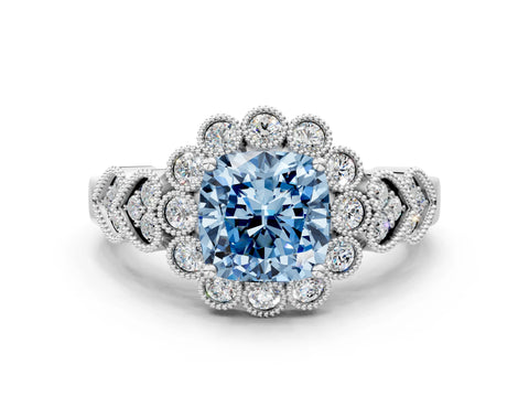 White gold Fancy Blue Cushion Cut Brilliant Milgrain Pave Heart Band Solitaire Ring