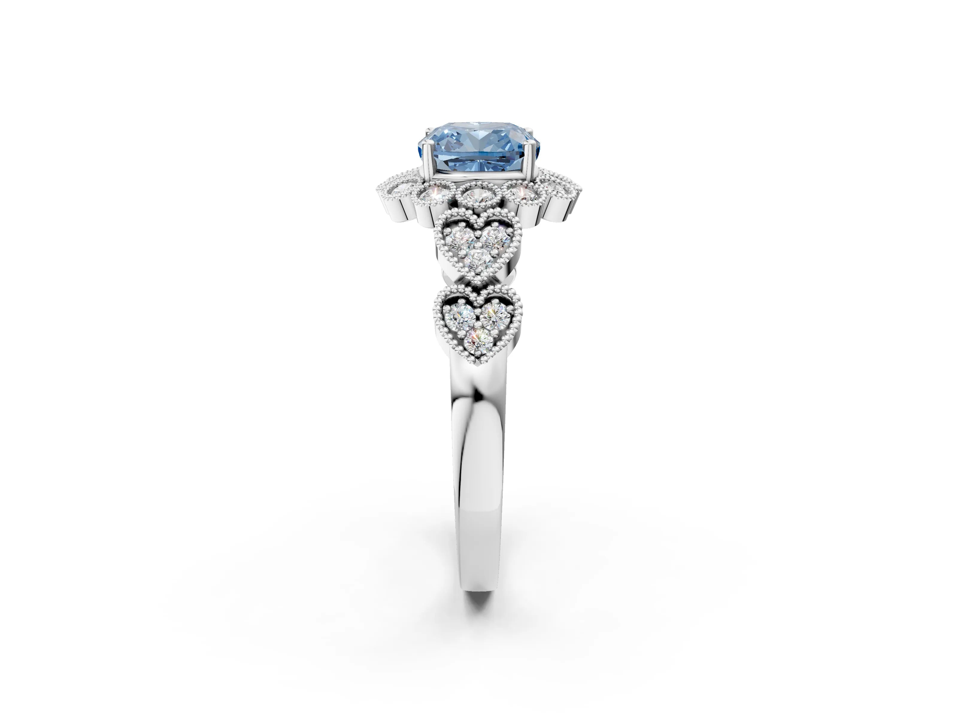White gold Fancy Blue Cushion Cut Brilliant Milgrain Pave Heart Band Solitaire Ring_2
