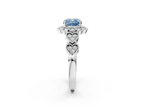 White gold Fancy Blue Cushion Cut Brilliant Milgrain Pave Heart Band Solitaire Ring_2