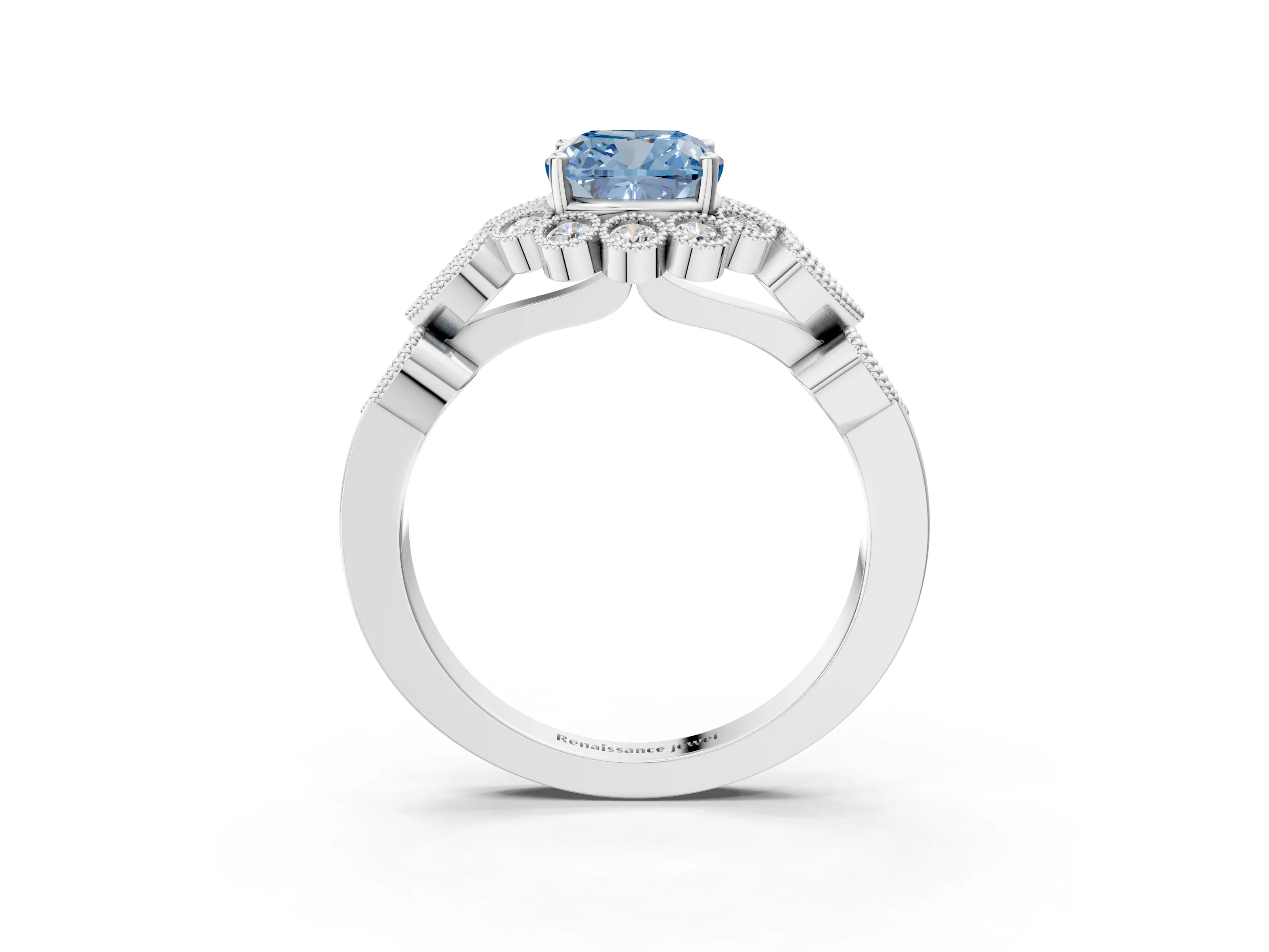 White gold Fancy Blue Cushion Cut Brilliant Milgrain Pave Heart Band Solitaire Ring_3