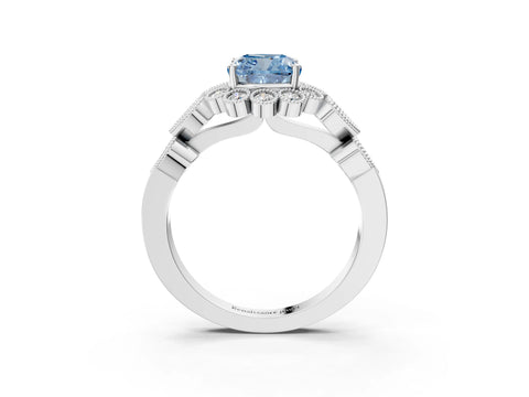 White gold Fancy Blue Cushion Cut Brilliant Milgrain Pave Heart Band Solitaire Ring_3