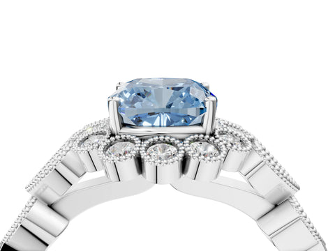 White gold Fancy Blue Cushion Cut Brilliant Milgrain Pave Heart Band Solitaire Ring_4