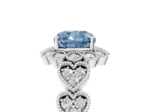 White gold Fancy Blue Cushion Cut Brilliant Milgrain Pave Heart Band Solitaire Ring_5