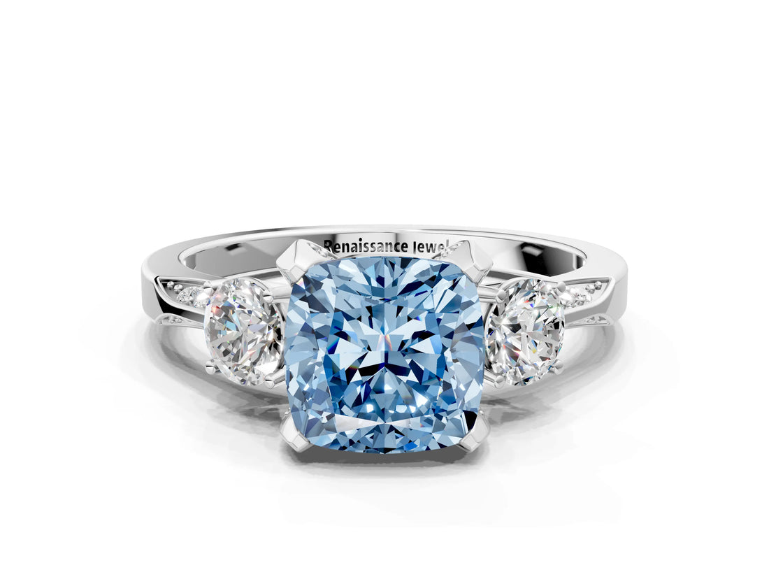 White gold Fancy Blue Cushion Cut Brilliant Three-Stone Diamond Ring with Pavé Band and Four-Prong Setting_33