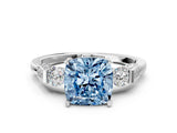 White gold Fancy Blue Cushion Cut Brilliant Three-Stone Pave Band with Four-Prong Setting