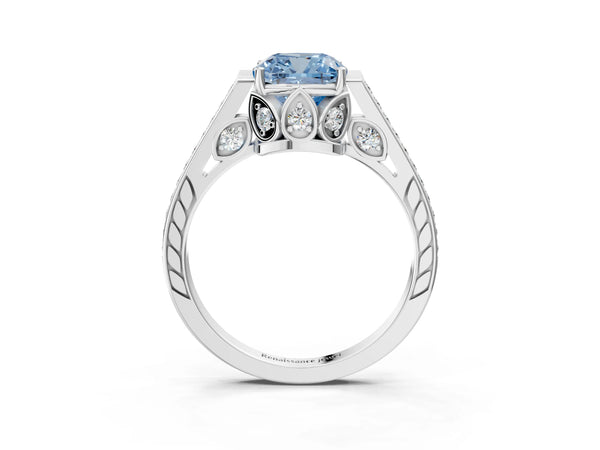 Platinum Fancy Blue Cushion  Cut Cathedral Pave Diamond Engagement Ring with Six-Prong Setting