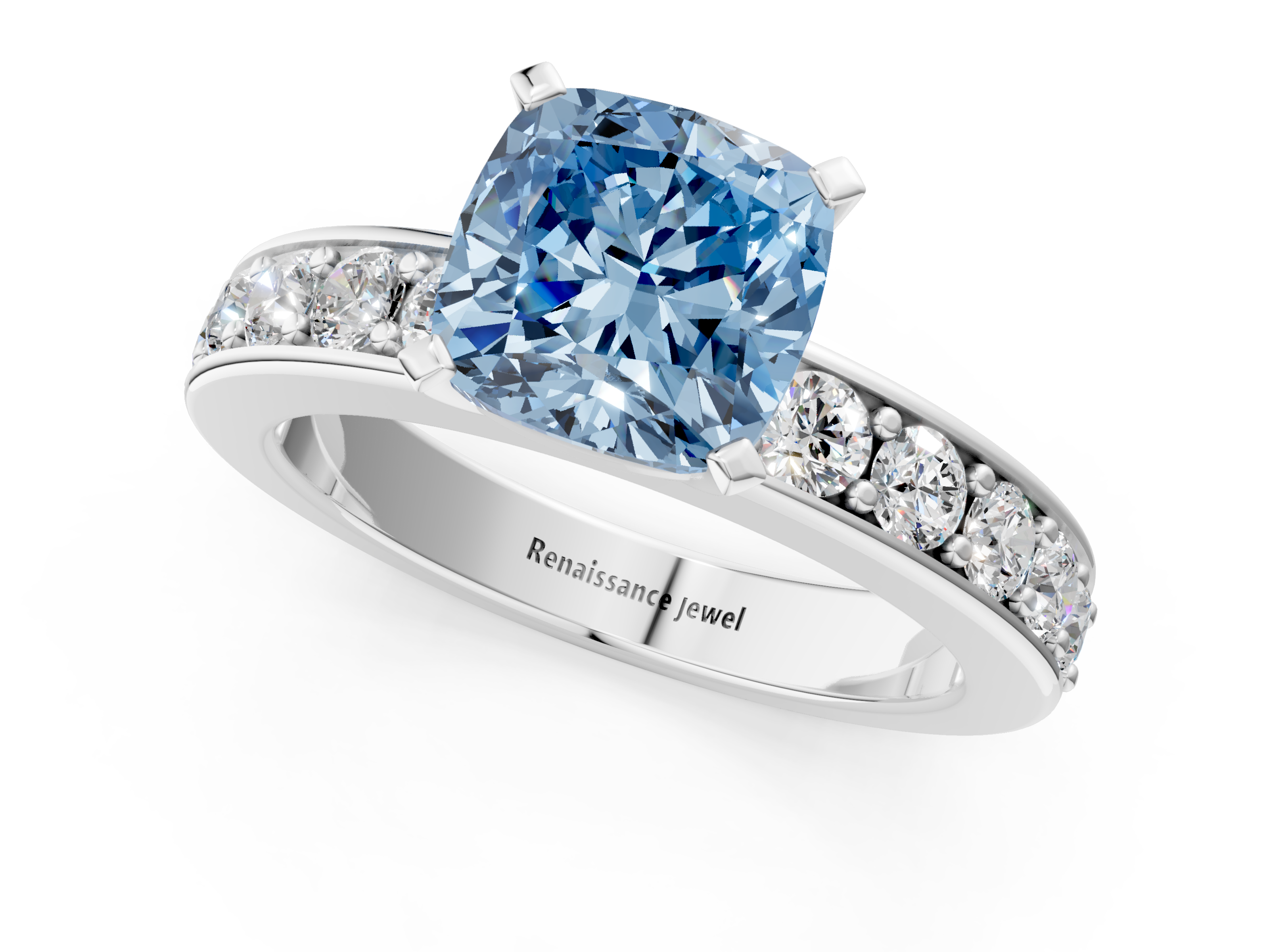 White gold Fancy Blue Cushion  Cut Channel Set Diamond Engagement Ring with Four-Prong Setting_296