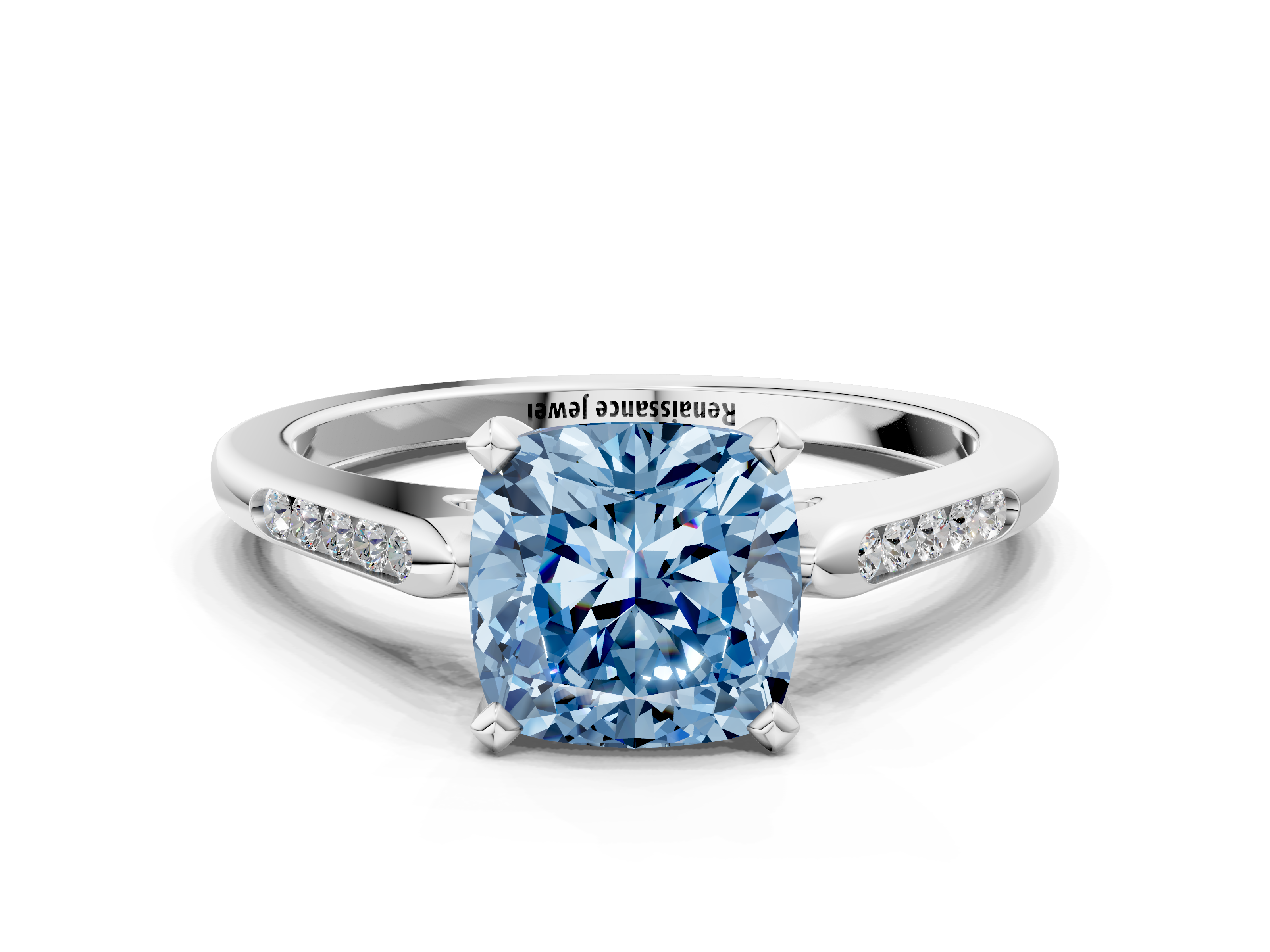 White gold Fancy Blue Cushion  Cut Channel Set Solitaire Engagement Ring with Four-Prong Setting_242