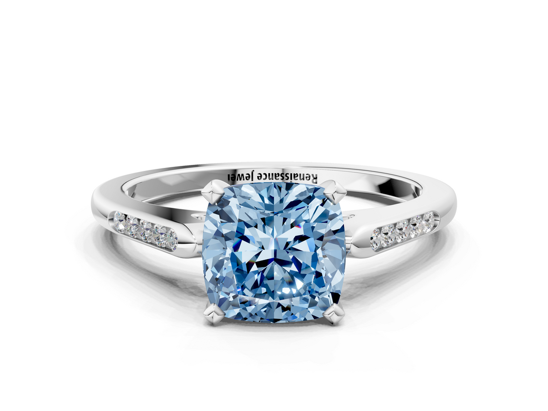 White gold Fancy Blue Cushion  Cut Channel Set Solitaire Engagement Ring with Four-Prong Setting_242