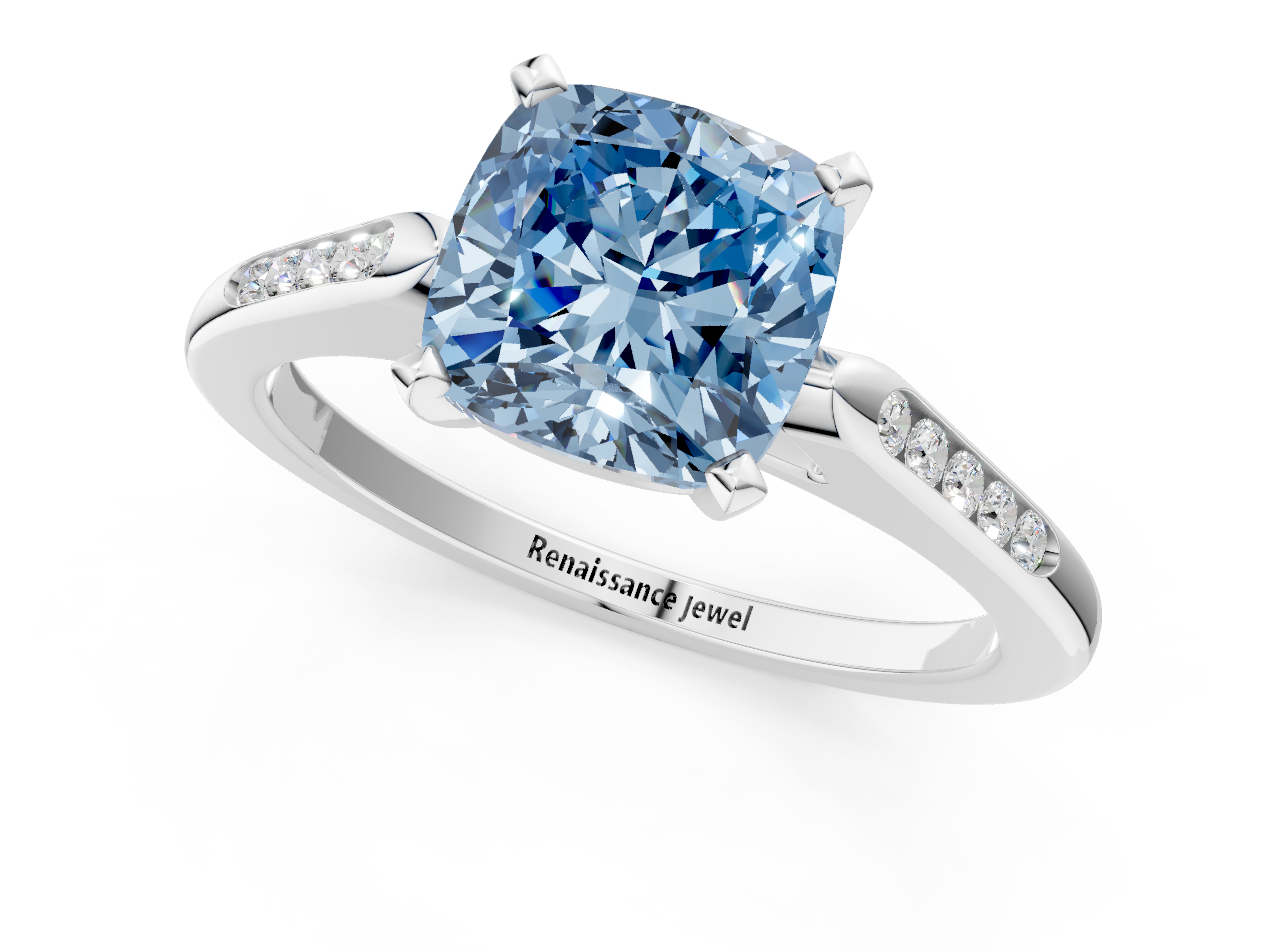White gold Fancy Blue Cushion  Cut Channel Set Solitaire Engagement Ring with Four-Prong Setting_243