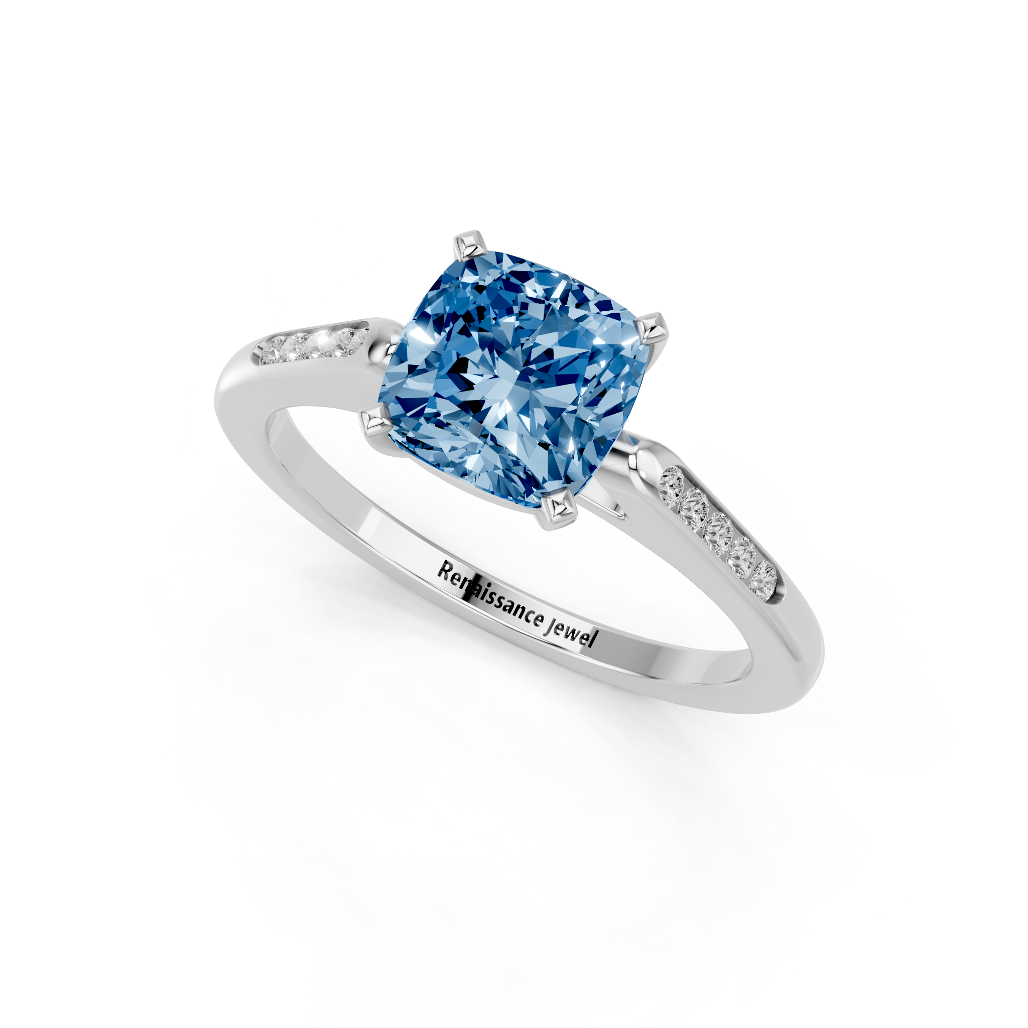 White gold Fancy Blue Cushion  Cut Channel Set Solitaire Engagement Ring with Four-Prong Setting_77