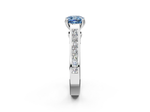 White gold Fancy Blue Cushion  Cut Channel Set Solitaire Engagement Ring with Prong Setting