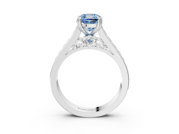 White gold Fancy Blue Cushion  Cut Channel Set Solitaire Engagement Ring with Prong Setting